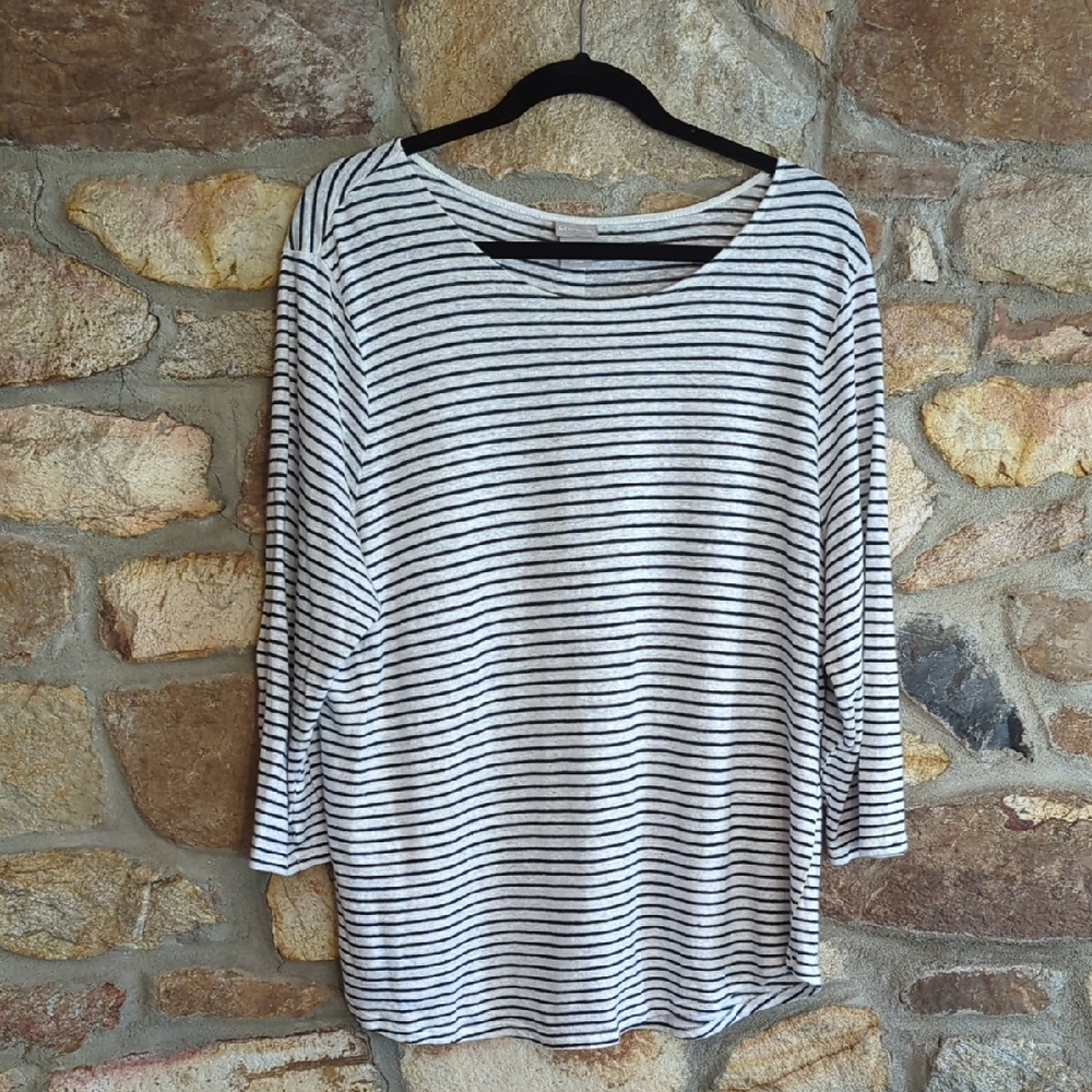 Chico's 100% Linen Black and White Striped Long Sleeve Top